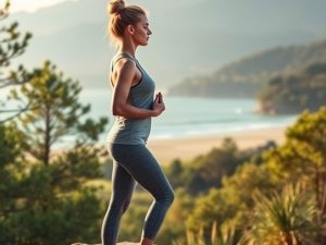 Mujer caminando con glúteos firmes en un paisaje natural.