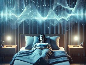 Escena relajante en un dormitorio moderno con luces suaves y ondas de sonido visualizadas, ideal para transmitir calma y combatir el insomnio.