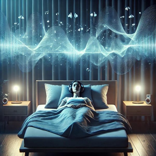 Escena relajante en un dormitorio moderno con luces suaves y ondas de sonido visualizadas, ideal para transmitir calma y combatir el insomnio.