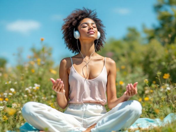 Mujer en posición de loto meditando, con una piel radiante y saludable, demostrando la conexión entre el bienestar interior y la belleza exterior.